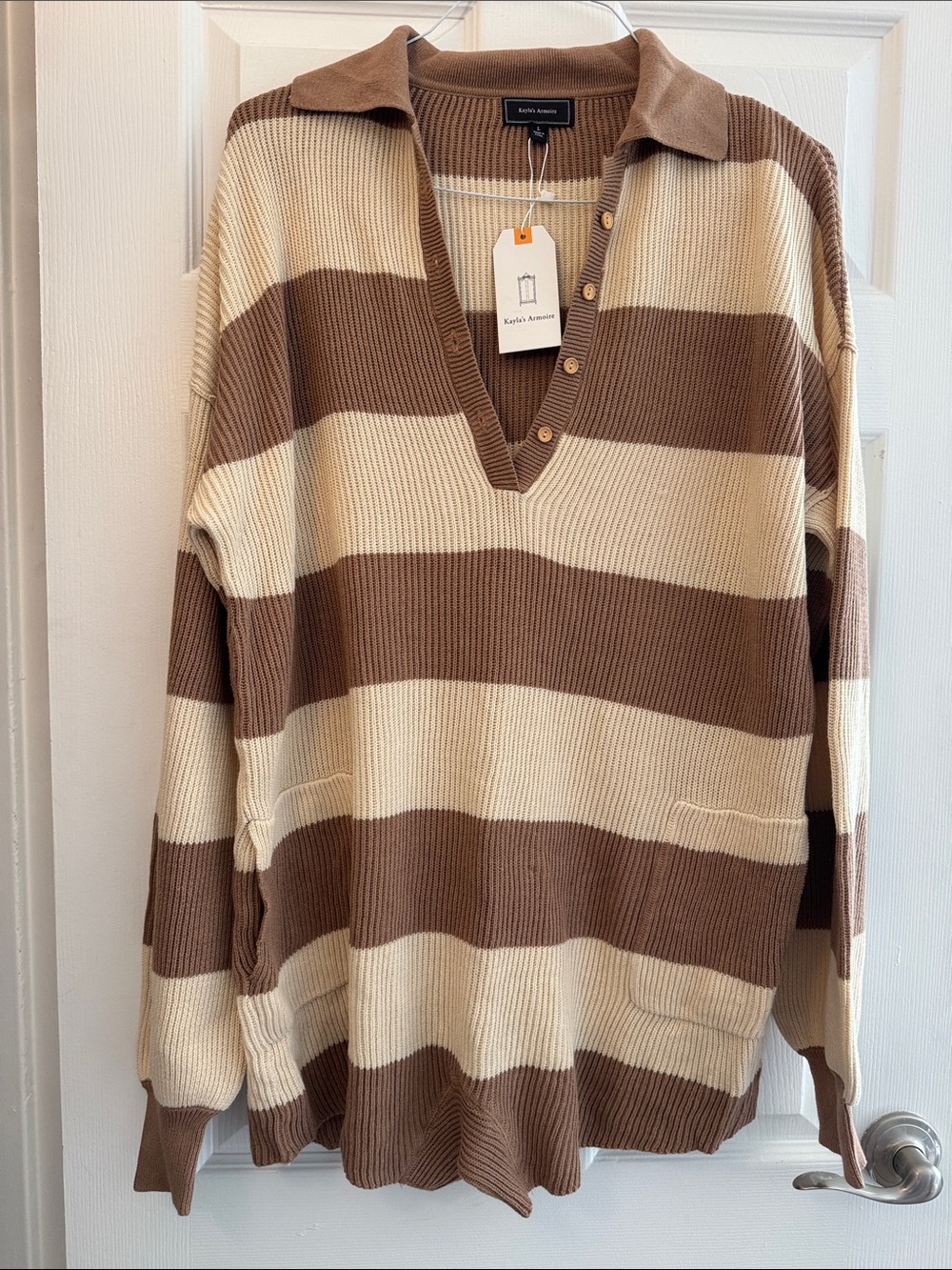 Men's Brown & Cream Striped Collared Sweater
